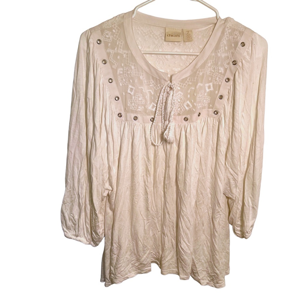 Chico’s Boho Top White Embroidered Neckline